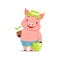 Cute pig gardener standing with watering can and flower pot, funny cartoon animal vector Illustration