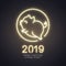 Cute pig neon logo, New year 2019 gold shiny glow design, chines