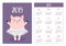 Cute pig piggy ballerina. Ballet dancer in dress. Pocket calendar layout 2019 new year. Week starts Sunday. Cartoon character.
