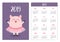 Cute pig piggy ballerina. Ballet dancer. Simple pocket calendar layout 2019 new year. Week starts Sunday. Cartoon character.