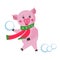 Cute pig plays snowballs on white background, symbol in the Chinese calendar of the 2019 Year. Vector illustration. Symbol of 2019