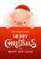Cute pig in Santa hat stands behind red signboard advertisement banner with text Merry Christmas and Happy New Year