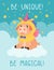Cute pig in unicorn costume with horn wings sitting on the cloud. Poster with motivational quotes be unique be magical.
