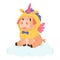 Cute pig in unicorn costume with horn and wings sitting on the cloud. Vector colorful design character illustration for print