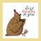 Cute pigeon in cone birthday hat is holding a cup. hand lettering best wishes to you. holiday greeting card template