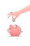 Cute piggy bank with hand putting coin linear icon