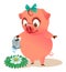 Cute piggy watering flower. Cartoon animal gardener