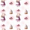 Cute piglet with birthday cake seamless pattern, bright background with watercolor elements, colorful illustration