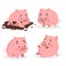 Cute piglets set. Little pig in puddle, surprised, sitting and relaxing. Cartoon flat design farm animals collection. Vector illus