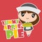 Cute pilgrim girl brings apple pie cartoon illustration for happy thanksgiving`s day card design