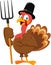 Cute Pilgrim Turkey Cartoon Character Holding A Pitchfork And Giving The Thumbs Up