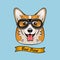 Cute Pilot Corgi Dog Face Traveler Retro Aviator Glasses. Best Pilot Ribbon. Vector Illustration On White