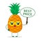 Cute pineapple cartoon character in yellow heart glasses, in the hands of the plate is the best price.