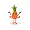 Cute pineapple spinning hula-hoop with hands up. Humanized fruit with tuft of green leaves. Flat vector design