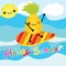 Cute pineapple is surfing on the beach on striped background cartoon, summer postcard, wallpaper, and greeting card, T-shir