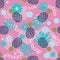 Cute pineapple and tropical leaves seamless pattern. Festive colorful summer fruit random background.