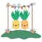 Cute pineapples in couple in the garden kawaii characters