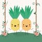 Cute pineapples couple in landscape kawaii character