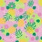 Cute pineapples and tropical leaves seamless pattern. Palm leaf and Monstera