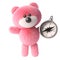 Cute pink 3d cuddly teddy bear soft toy character holding a magnetic compass, 3d illustration