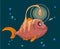 Cute pink Angler fish underwater with his small fish