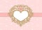 Cute pink background with polka dots and crown. Luxury gold photo frame in the shape of a heart.