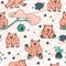 Cute pink bear that walks and sits, honey, forget me nots, beehive, smell of honey, tree, branch, bees. Repeat seamless pattern