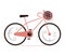 Cute pink bicycle with a hat in a basket. Riding a bike. Simple cartoon style