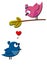 Cute pink and blue birds fall in love isolated on