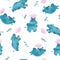 Cute pink and blue watercolor seamless pattern with cartoon style hippo babies playing with water lillies flowers and