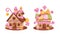 Cute pink candy houses set. Lovely cottages made of cupcakes and candies cartoon vector illustration