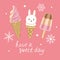 Cute pink card with bunny-shaped ice cream. Vector graphics