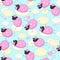 Cute pink cartoon sheep with hearts on their wool, crazy seamless background