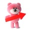 Cute pink cuddly teddy bear with fluffy fur holding a red arrow, 3d illustration