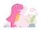 Cute pink dino. Kind smiling baby dinosaur tyrannosaurus. Cartoon baby graphic design print banner. Vector illustration