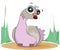 A cute pink dove sits on the grass. Cartoon character