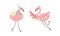 Cute Pink Flamingo in Birthday Party Hat Carrying Gift Box and Garland Vector Set