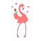 Cute pink flamingo with flower and hearts for love. African bird cartoon flat illustration.