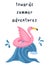 Cute pink flamingo in the form of a lifebuoy, rushing on a sea wave towards summer adventures. Summer card or print for