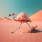 A cute pink flamingo runs wild in the middle of the desert
