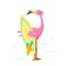 Cute Pink Flamingo with Surf Board on Beach. Cartoon Character on Summer Vacation. Kawaii Personage Summertime