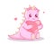 Cute pink girl baby dino holding a big pink heart. Isolated kawaii animal children drawing on white background