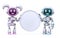 Cute pink girl and blue boy robots hold blank circle sign 3D