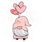 Cute pink gnome holding heart balloons