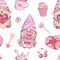 Cute pink gnomes seamless pattern. Cartoon watercolor elf couple illustration. Valentines day print