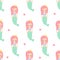 Cute pink hair mermaid girl with starfish seamless pattern on white background.