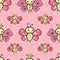 Cute pink hand drawn Kawaii style dancing butterflies design. Seamless geometric vector pattern on textured flower