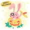 Cute pink happy bunny rabbit in yellow pumpkin, flat vector cute animal cartoon, happy halloween