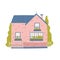 Cute pink house, home apartment in village or town, neighborhood summer funny facade