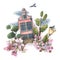 A cute, pink house with trees, a bridge, a lantern, a pigeon, clouds and apple blossoms. Watercolor illustration. Spring